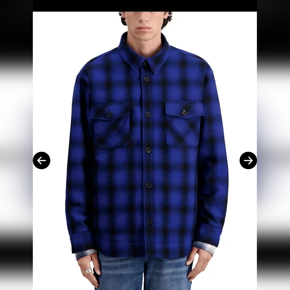 The Kooples Men's Navy Check Shirt Quilted Jacket, Women can wear this too